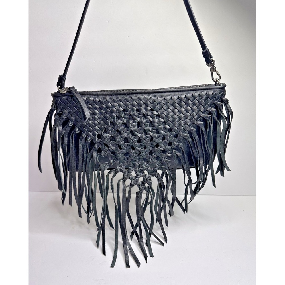 The Sak Filmore Purse Fringe Woven Black Leather Crossbody Clutch - Picture 1 of 16